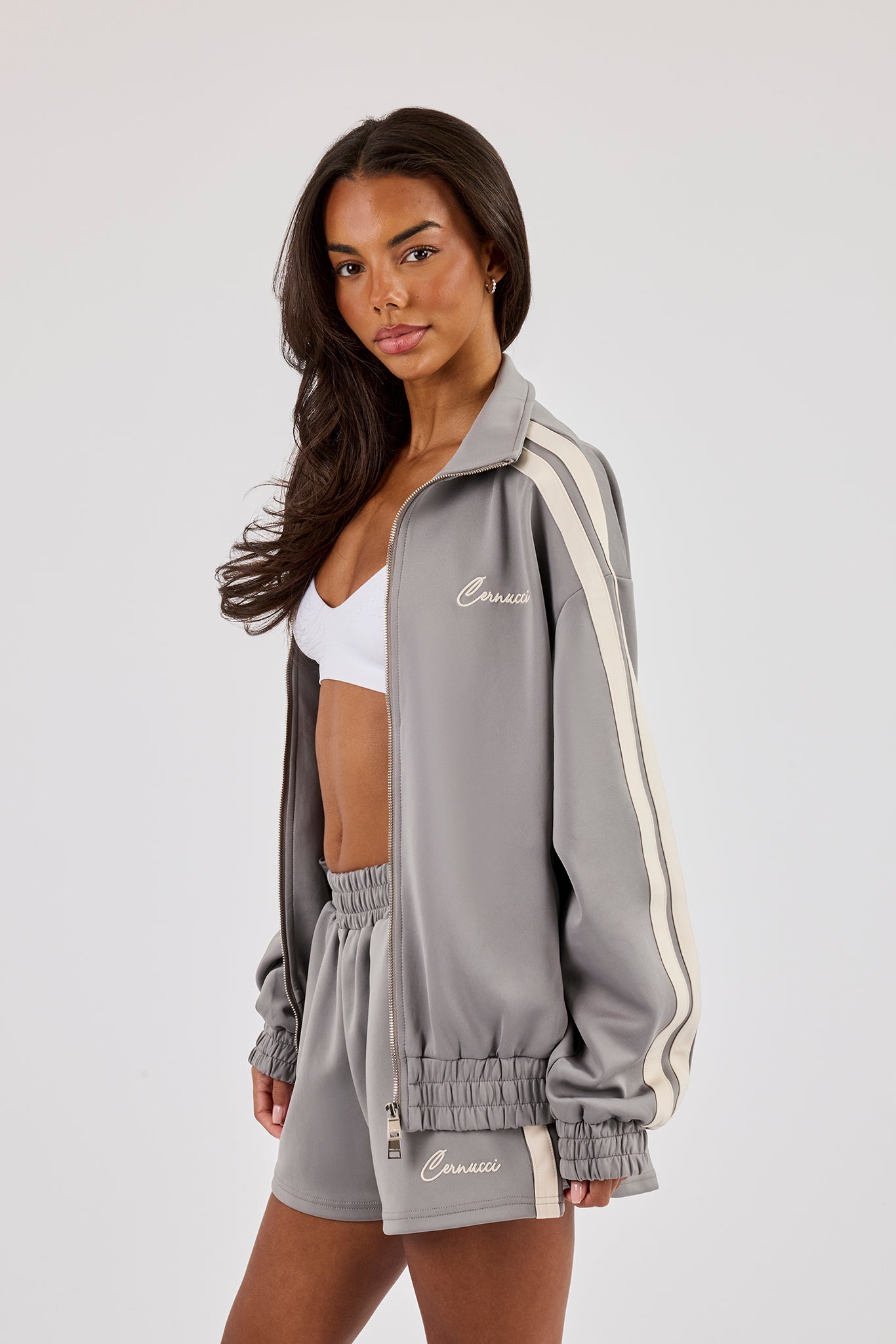 Funnel Neck Taping Zip Through Track Jacket - Grey